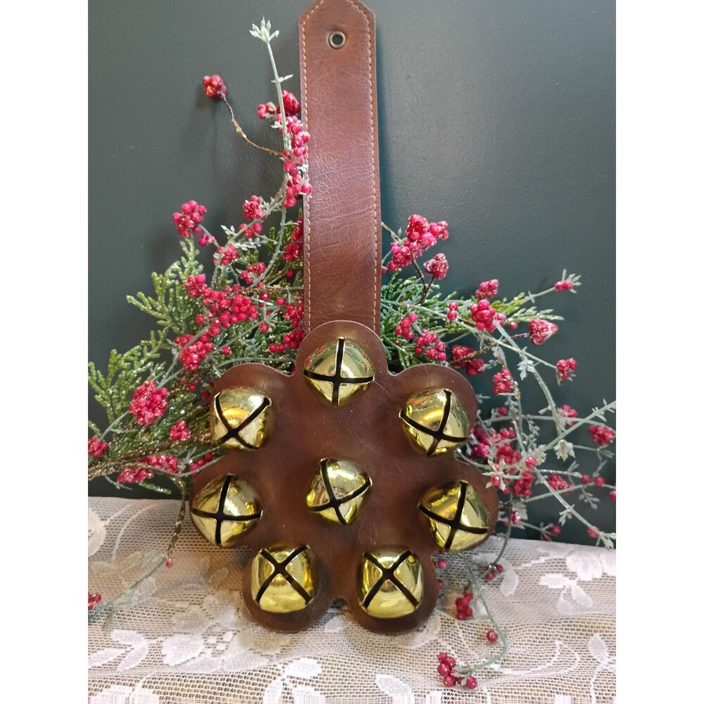 Vintage Flower Pattern Faux Leather Jingle Bells Sleigh Bells Door Decor